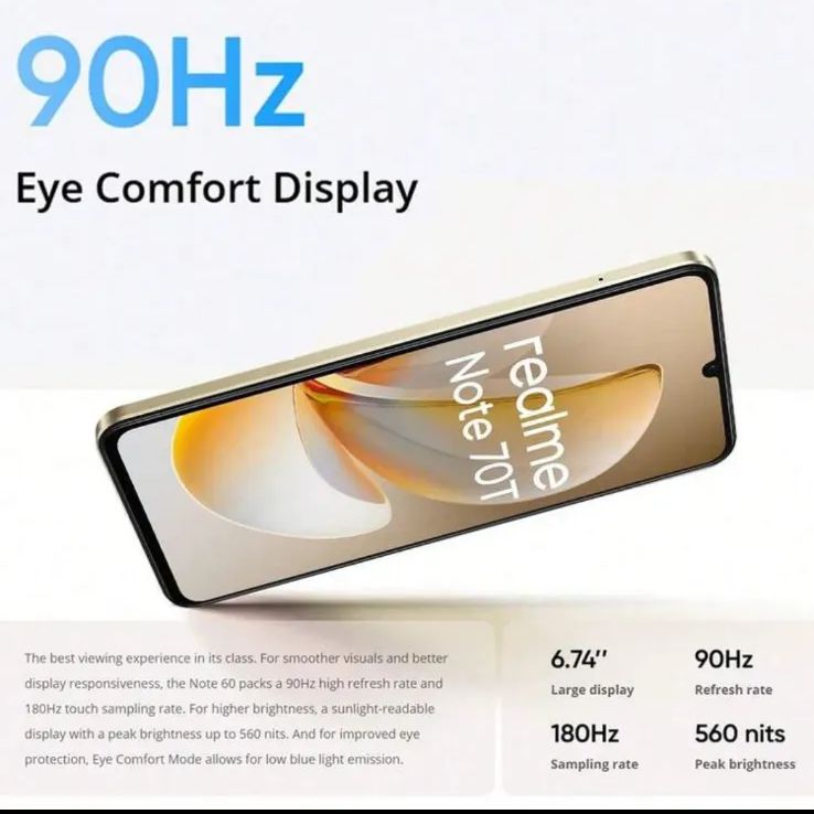 Realme Note 70T スマートフォン、6.75インチ 90Hz アイケア