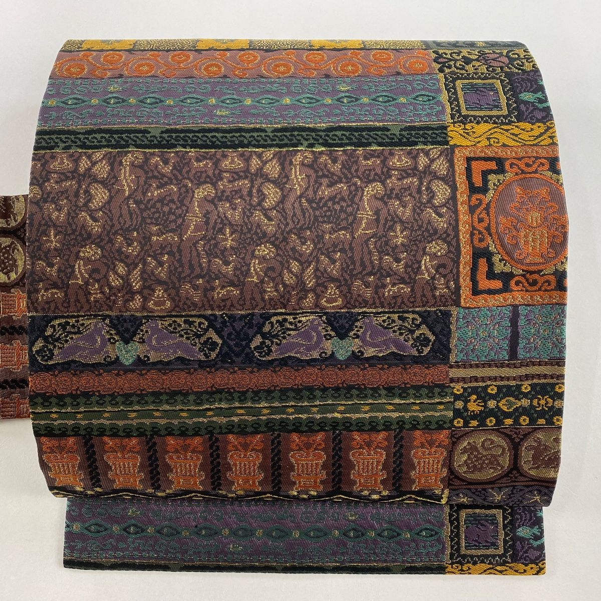 名古屋帯 秀品 市松 唐草 箔 黒 正絹