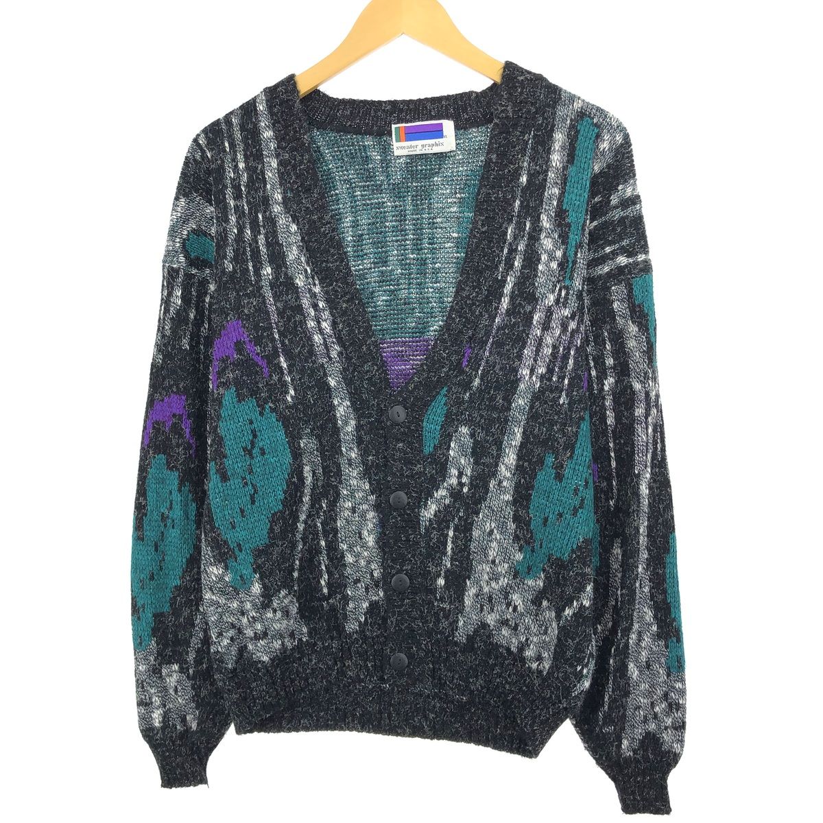 古着 80~90年代 SWEATER GRAPHIX 総柄 アクリルニットカーディガン USA 