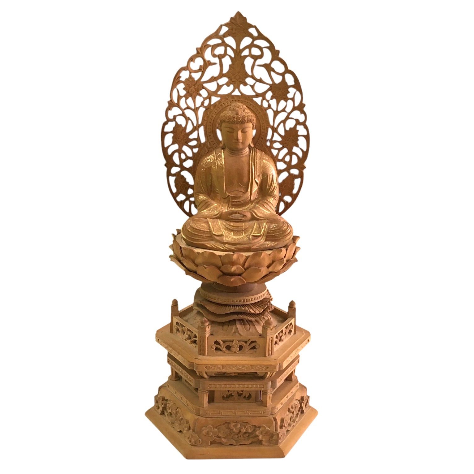 仏像 釈迦如来坐像 木彫 光背 台座 金彩 - メルカリ