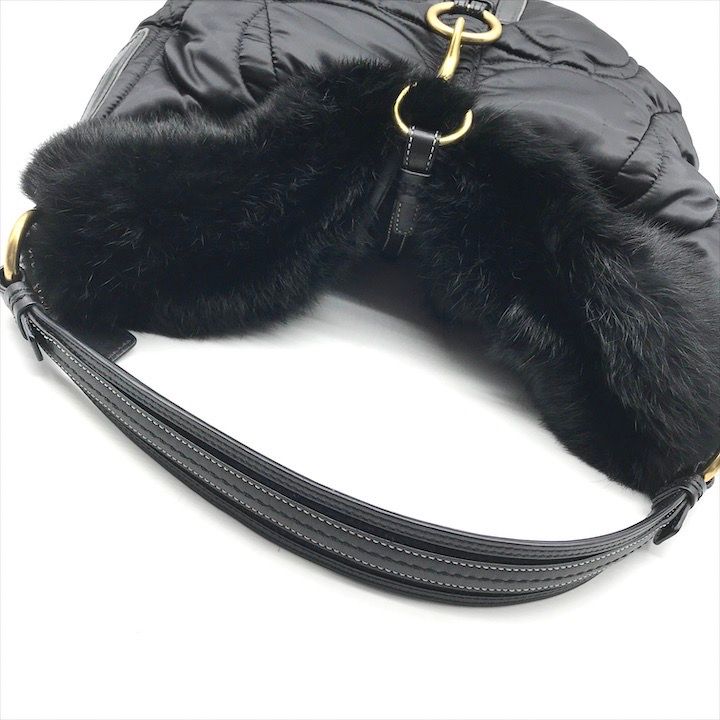 美品 COACH コーチ ファー ショルダー バッグ ブラック ナイロン  