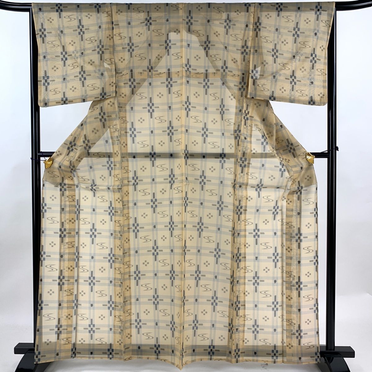 紬 身丈165cm 裄丈65.5cm M 薄物 夏紬 格子 流水 薄茶色 正絹 名品