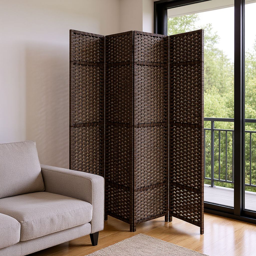 - パーテーション 4連 幅161×奥行2×高さ148cm×4連 衝立 部屋 仕切り 目隠し 編み込み生地 リビングルーム 和室 寝室 オフィス ブラウン