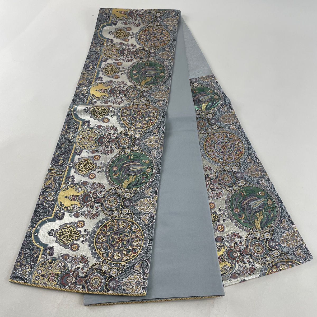 袋帯 美品 秀品 華文 草花 箔 青灰色 六通 正絹 【中古】 浴衣 青