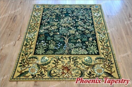 生命の樹 ウィリアムモリス作 コットン製アートタペストリー ジャカード織 グリーン 長さ約88cm 壁掛けインテリア タペストリー用ロッド ブラック タッセル ベージュ色1対 付き 新築祝いリビングアクセント 贈り物 輸入品 NEXPOTALLINN_EU