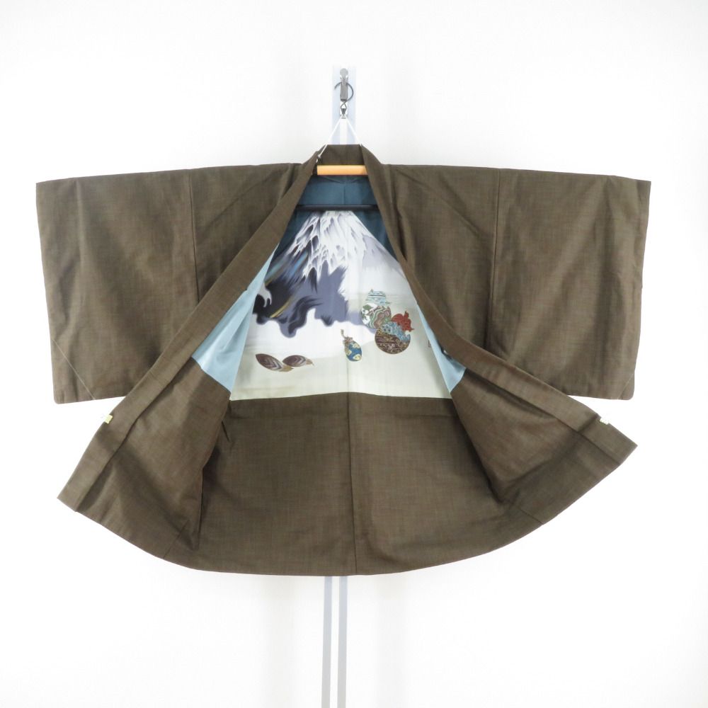 男着物 男性用 紬アンサンブルセット 袷 茶 ベージュ 正絹 男性用