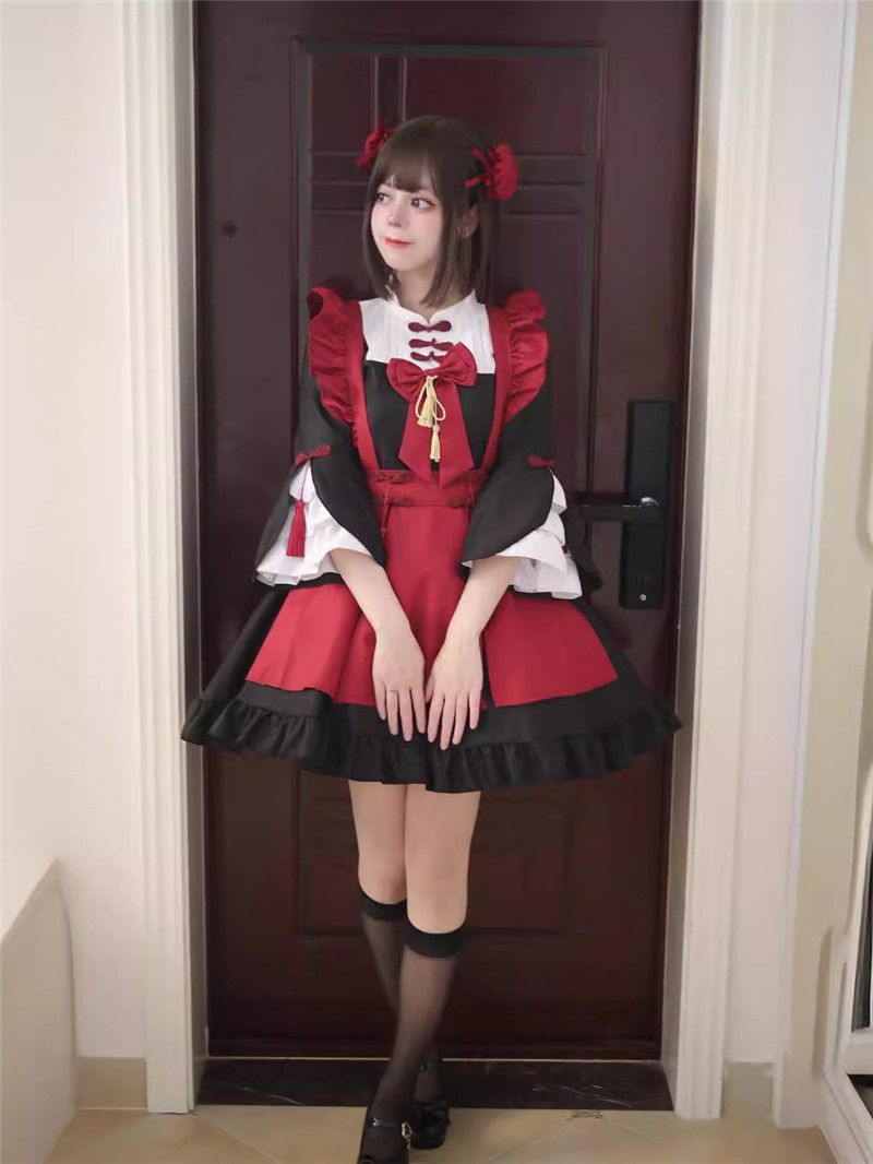 新品未使用 メイド服 コスプレ レディース 大きいサイズ 5l 赤 黒 メイド メイド服 コスプレ 大きいサイズ メイド衣装 リボン付き