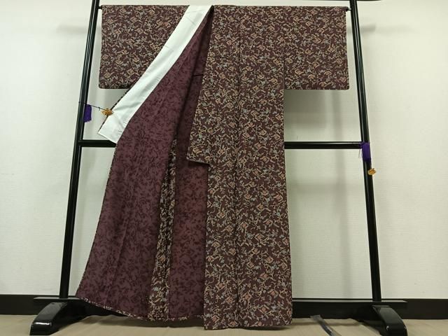 平和屋着物●上質な小紋　紅型　地紙麻の葉草花文　鬼しぼ縮緬　正絹　逸品　CAAU3117yc 平和屋着物○上質な小紋 紅型 地紙麻の葉草花文 鬼しぼ縮緬