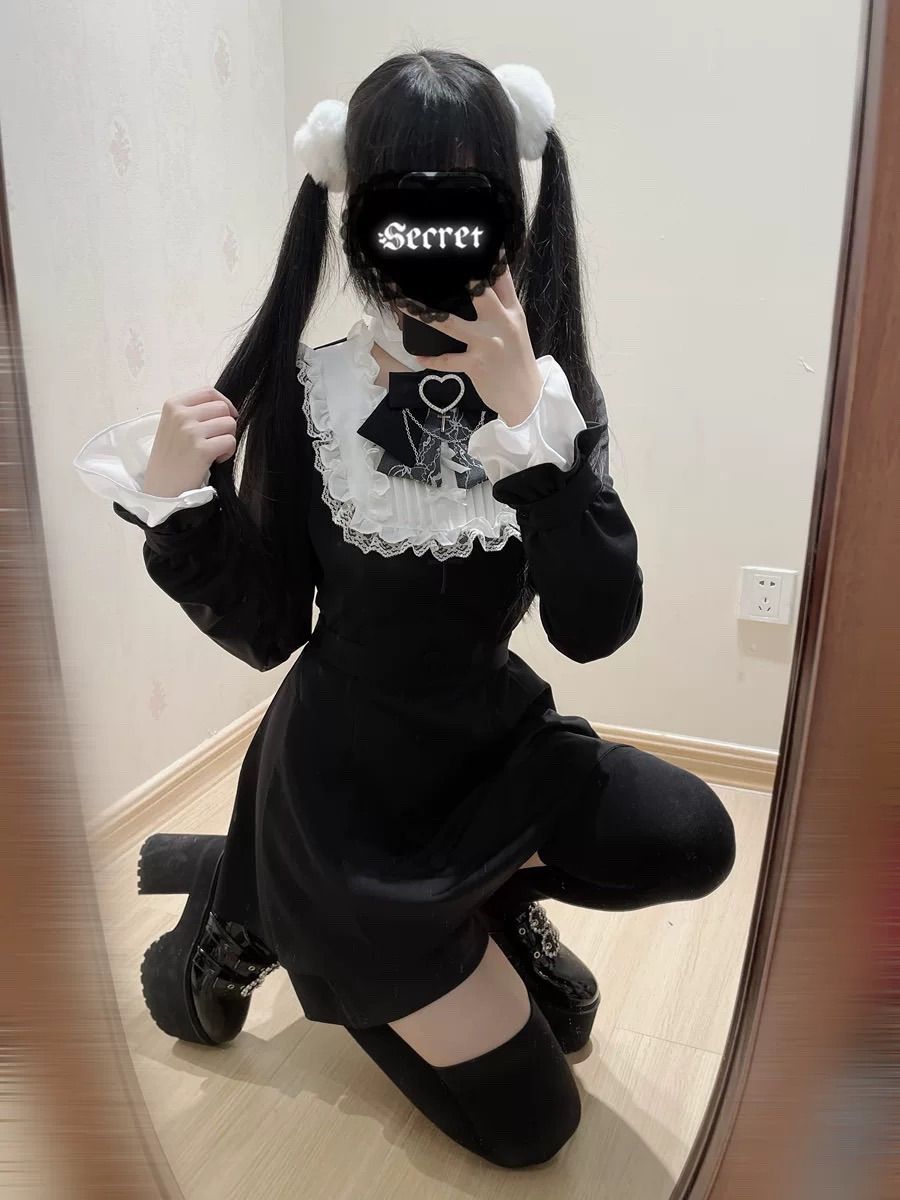黒 レース 長袖 襟付き スカート サブカル 服 ワンピース ロリィタ コスプレ セットアップ 地雷系 量産型 ゴスロリ 渋谷