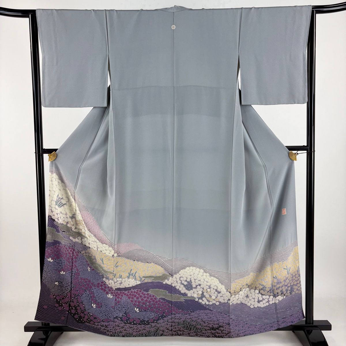 色留袖 身丈159.5cm 裄丈64.5cm M 袷 滝泰 落款 松竹梅 霞 絞り 刺繍 青灰色 正絹 名品 一つ紋