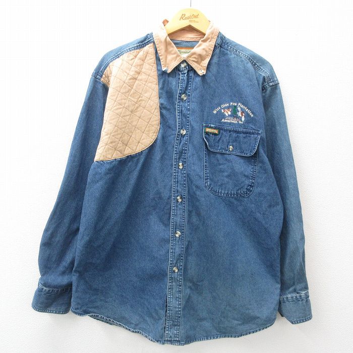XL/古着 長袖 ハンティング シャツ メンズ 00s 鳥 ボタンダウン 紺 ネイビー デニム 24dec18 中古 トップス