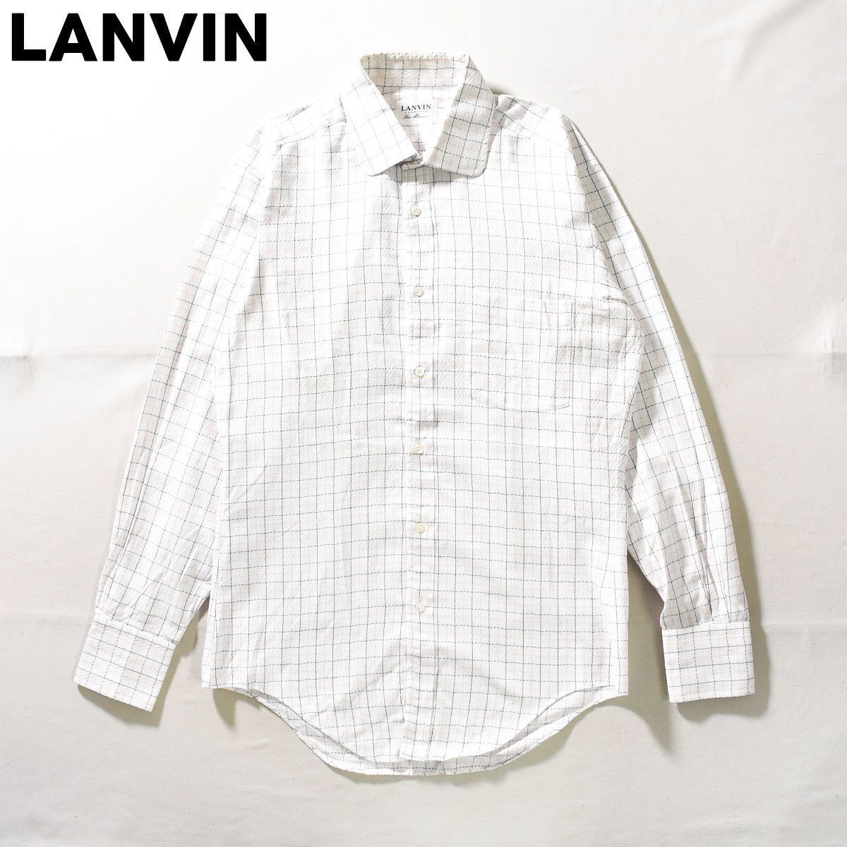 【上質】 ランバン LANVIN タッタソールチェック ドレスシャツ 白 日本製