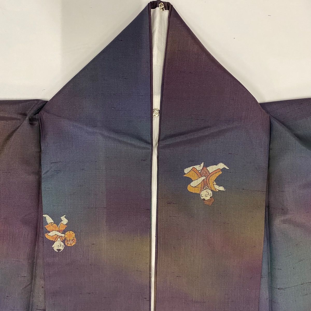 小紋 身丈153cm 裄丈62cm S 袷 紬地 人物 楽器 紫 正絹 秀品 【中古  