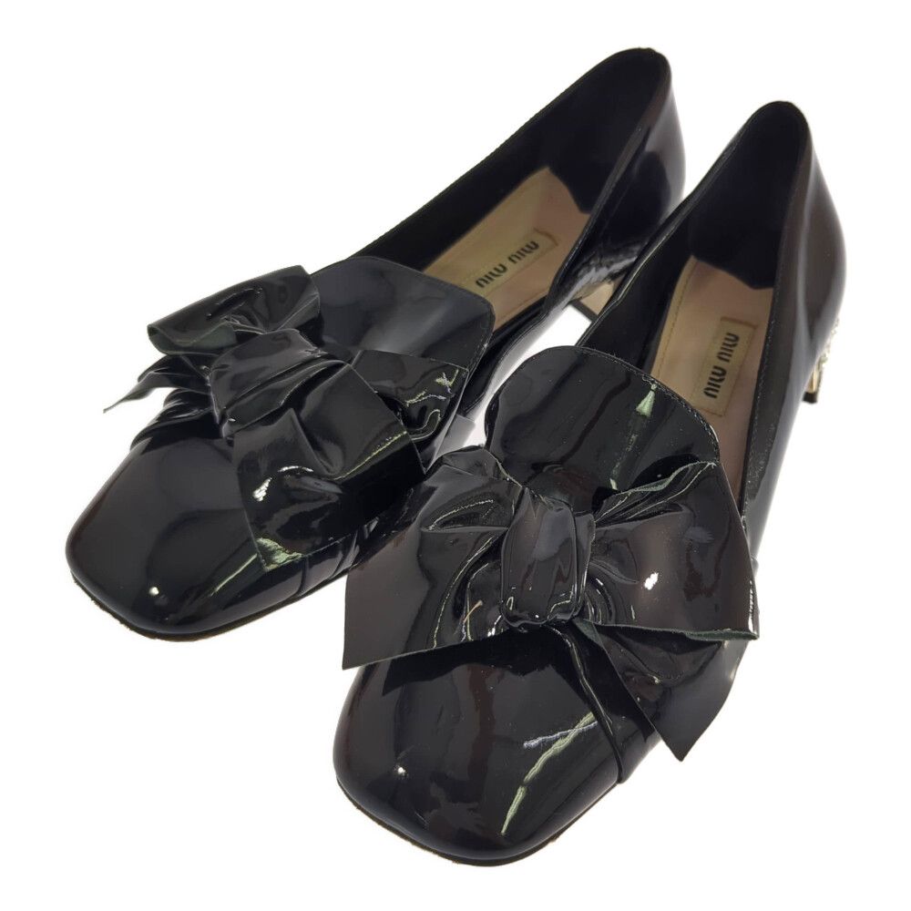 miu miu ミュウミュウ エナメルレザー リボン ぶじゅーヒール ローファー パンプス 靴 39 ブラック ヒール ドレスシューズ オールシーズン ♀ B レディース 593840