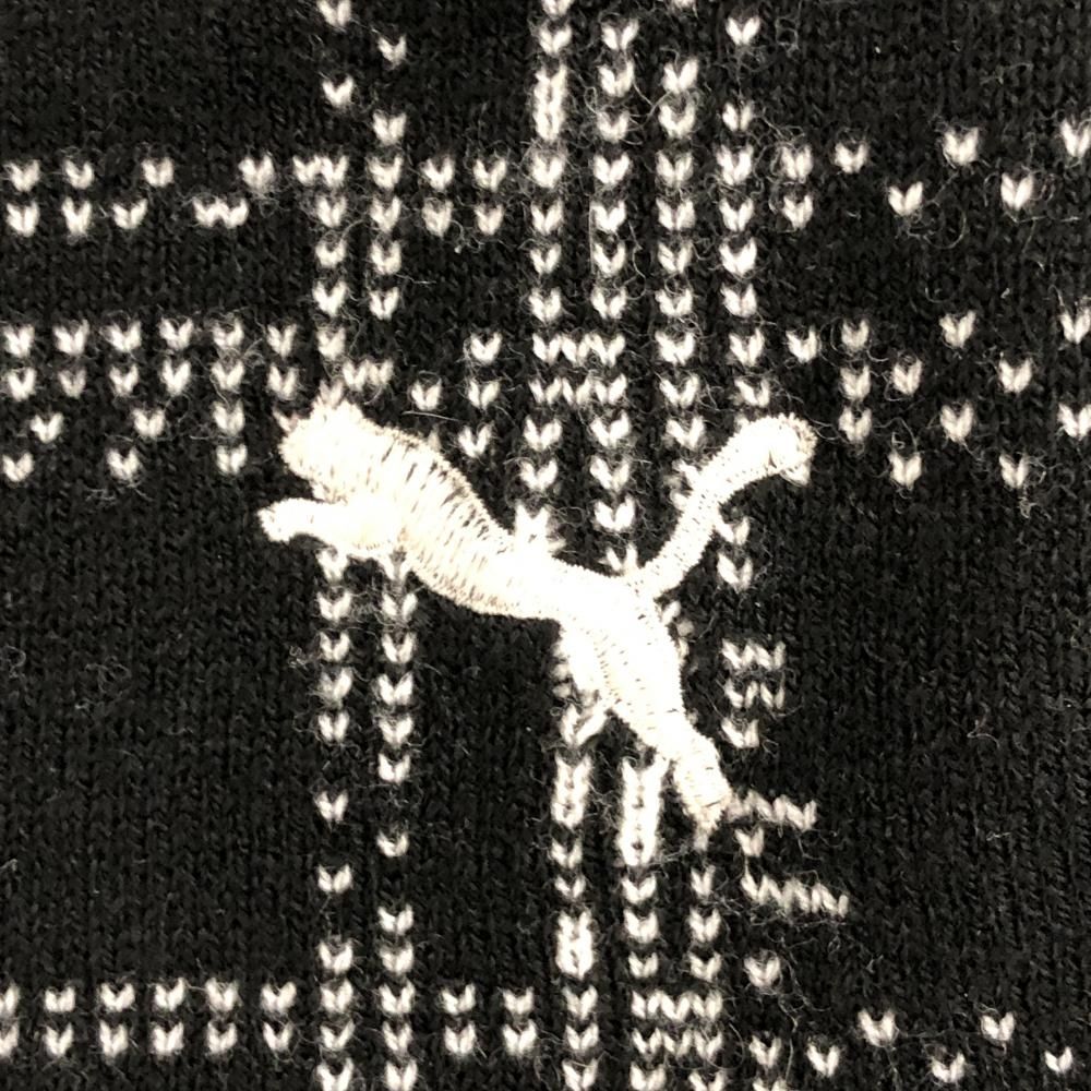 【超美品】プーマ セーター 黒×白 格子チェック ウール混 ニット  レディース M ゴルフウェア PUMA