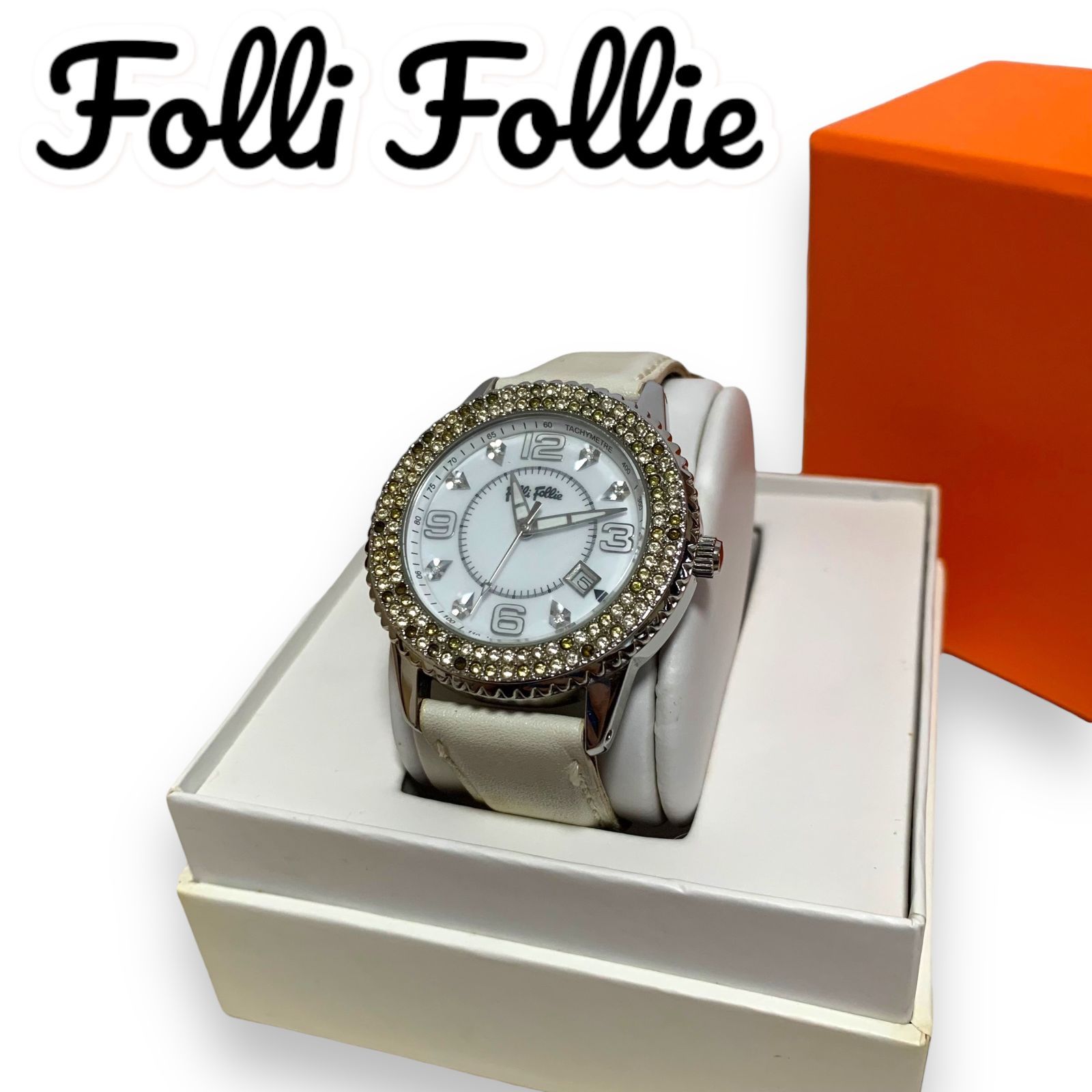 4200円 Folli Follie フォリフォリ 腕時計 箱あり 革ベルト ホワイト レディース