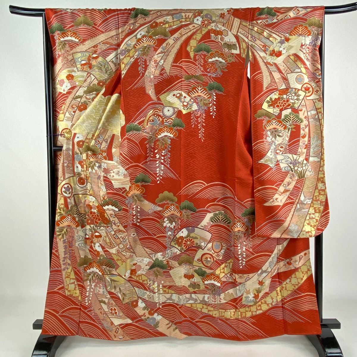 振袖 身丈163cm 裄丈68cm L 袷 扇 鴛鴦 金銀彩 金糸 朱色 正絹 秀品 【中古】 - メルカリ