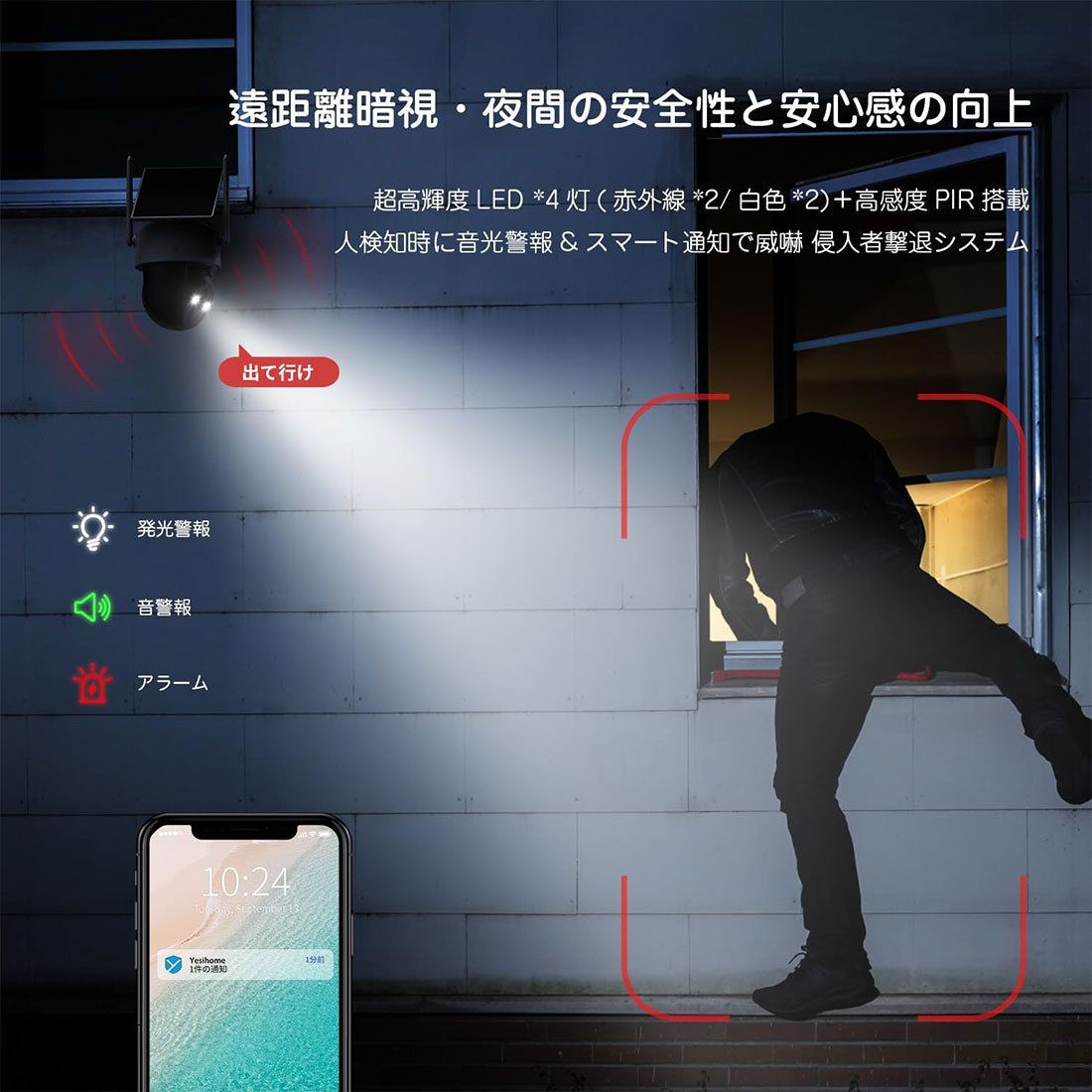 屋外防犯カメラ ソーラー充電 360° 撮影可能 パンチルト 500万超高画素