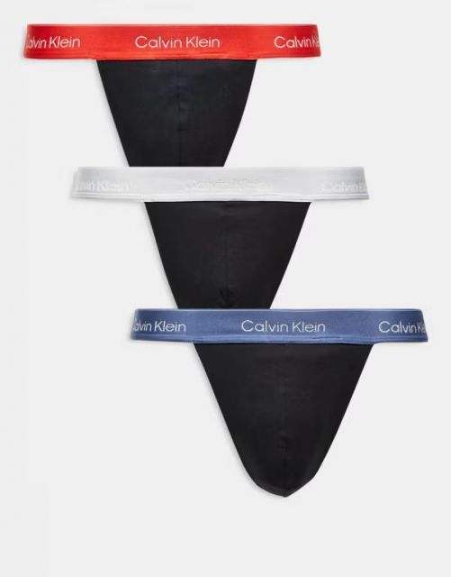 送料無料 カルバンクライン メンズ ブリーフパンツ アンダーウェア Calvin Klein Icon Cotton Stretch 3 pack thongs in black with red|blue waistbands B- VINT IND M