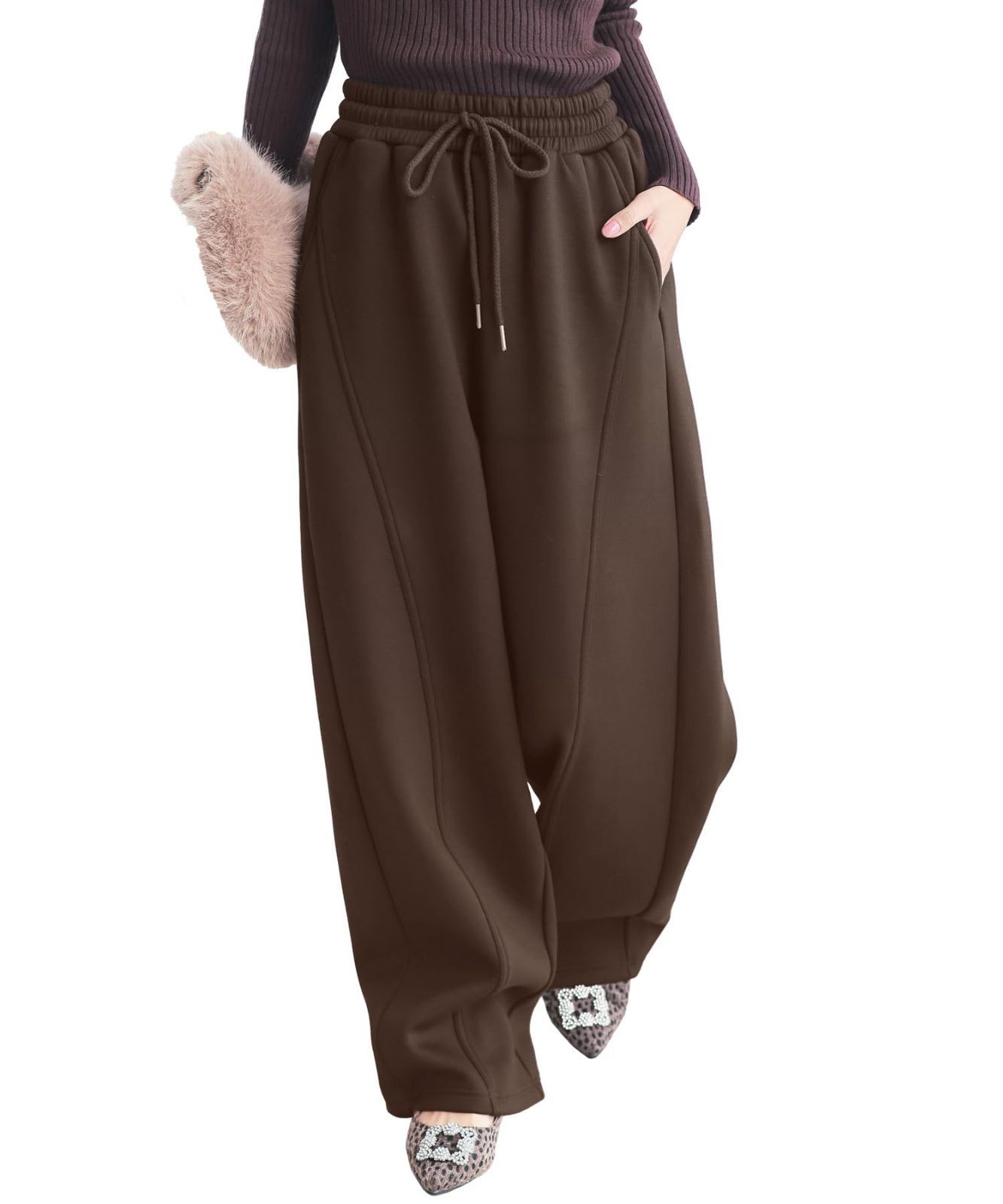 Size M_Color プチ ダークブラウン 神戸レタス 裏起毛 カーブパンツ 裏ファー レディース ワイドパンツ 防寒対策 あったかパンツ 部屋着 冬服 M4155 M プチ ダークブラウン