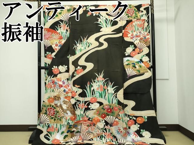 平和屋本店□極上 アンティーク 大正ロマン 振袖 駒刺繍 扇面