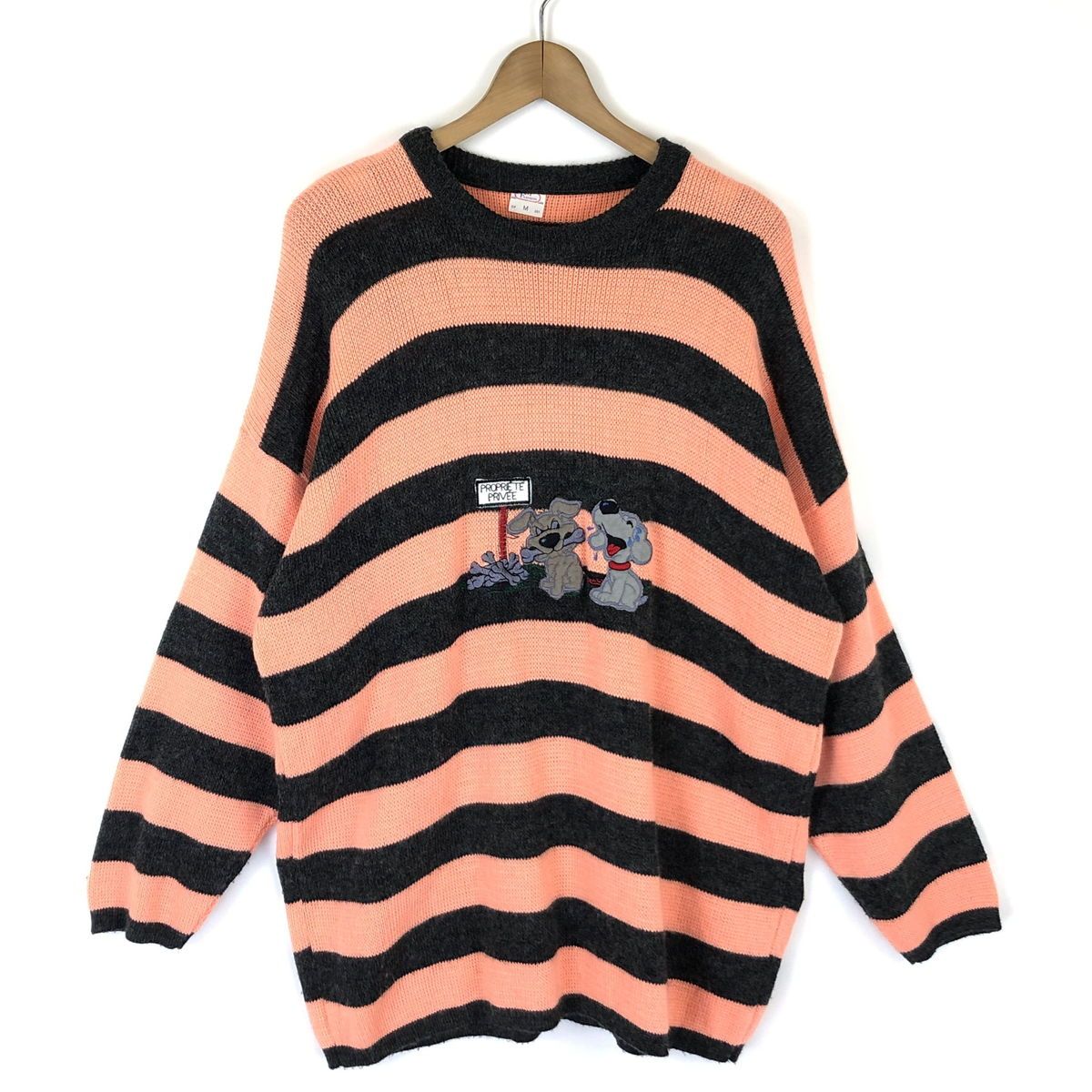 【古着】 ワッペンセーター 仔犬 ボーダー ヴィンテージ ピンク系 メンズXL 【中古】 n033732