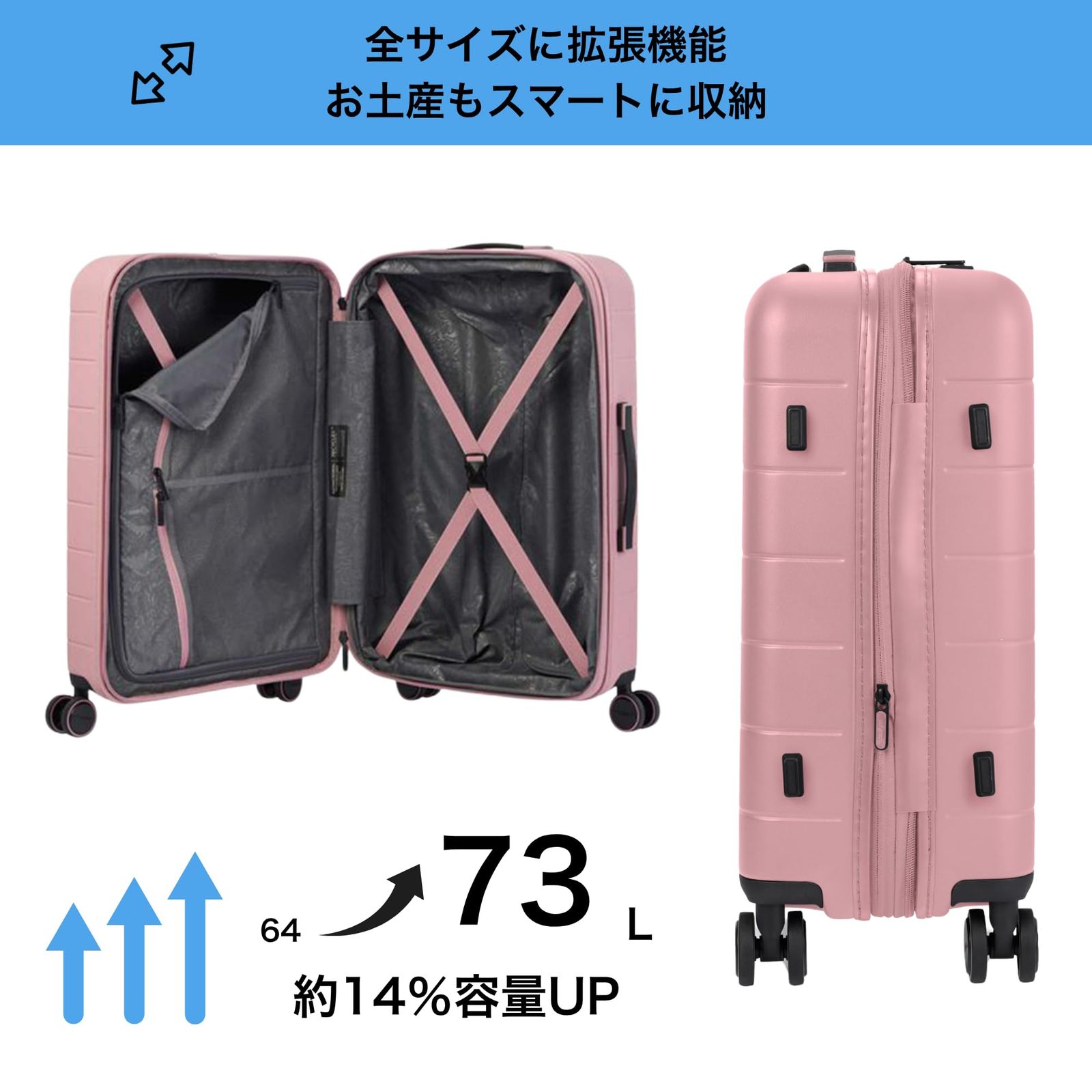 人気アイテムお得に購入！ NOVASTREAM シンプルなデザインとスモーキーなパステル ノヴァストリーム TSAロック 軽量 泊数目安 4 6泊 Mサイズ 容量 64L 拡張時73L ヴィンテージピンク スーツケース 3.6kg 拡張機能付 アメリカンツーリスター 革新的な