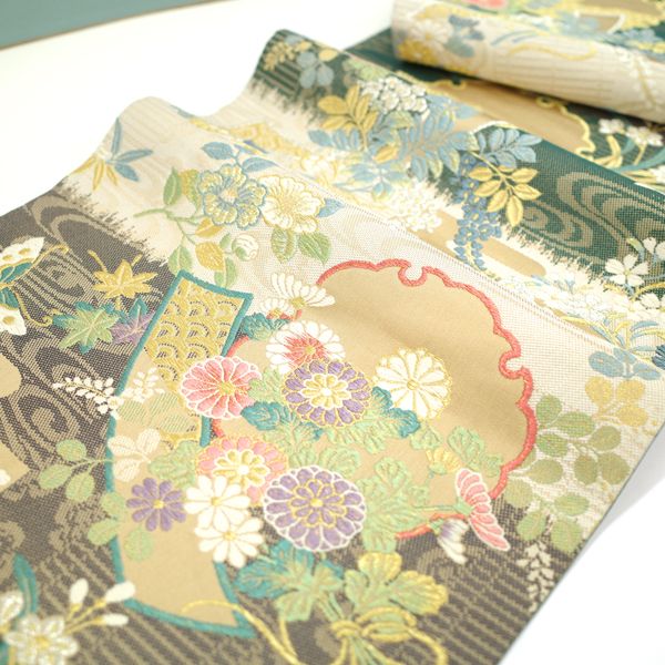袋帯 京都 西陣 金糸 花唐草 霞 黄緑ベージュ カジュアル 中古 kp776