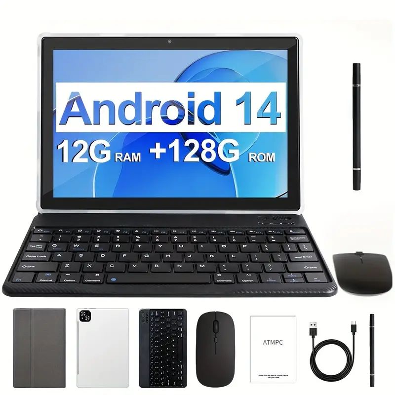 10.1インチAndroid 14タブレット キーボード マウス ケース スタイラス付き - 128GB ROM (4GB+8GB拡張RAM) デュアルカメラ 8コアプロセッサ 1280x800 IPS HDディスプレイ 5G WiFi 6 Googleパッド