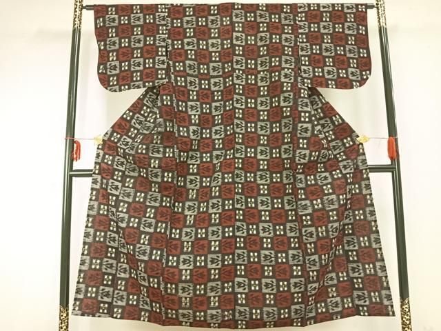 平和屋着物▽久留米絣 単衣 市松文様 黒地 綿 逸品 AABC0269fy