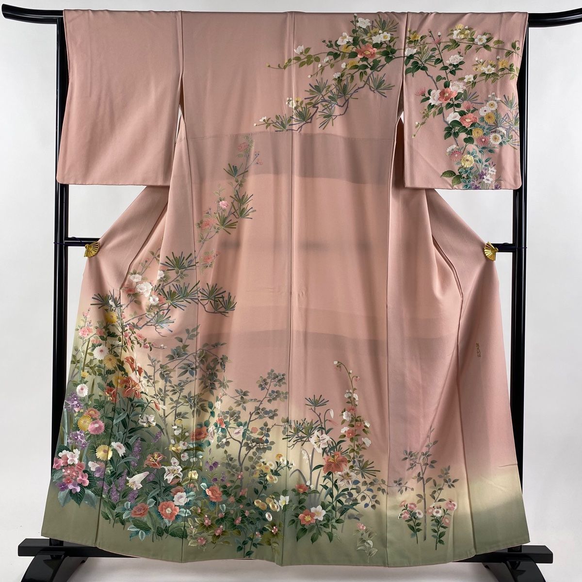 訪問着 身丈160cm 裄丈65cm M 袷 草花 松 金糸 刺繍 ピンク 正絹 美品  