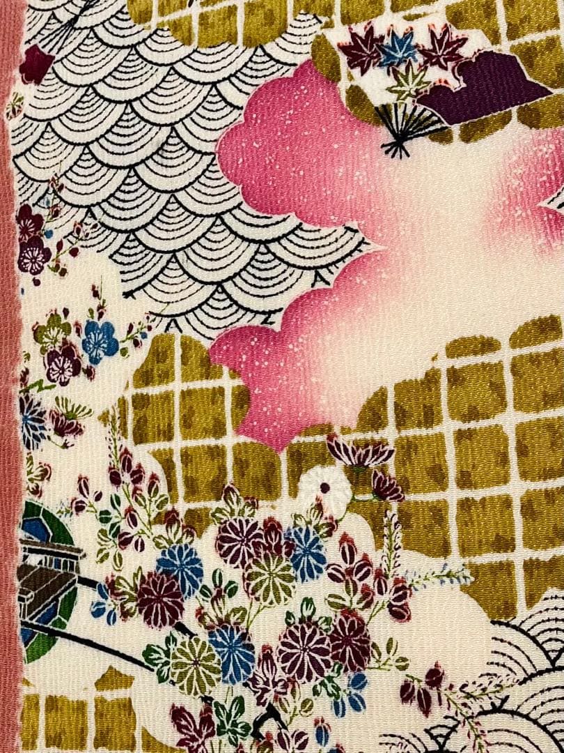 京都 摺型友禅 多ち花 九寸名古屋帯 ちりめん 正絹