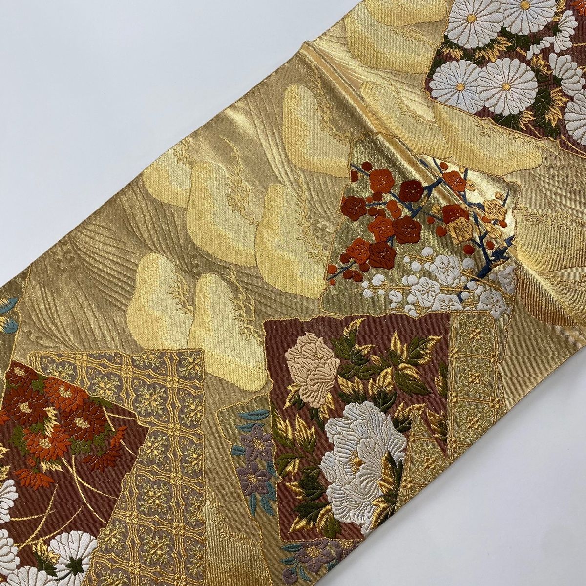 袋帯 美品 秀品 破れ色紙 草花 金糸 箔 金色 六通 正絹 【中古
