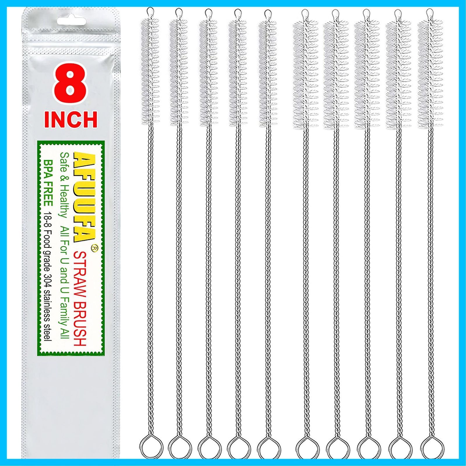 在庫 パイパークリーナー 10mm x ハチドリフィーダー x 8インチ ナイロン毛 8インチ ストローブラシ5本 ステンレススチールストローブラシ用 8mm 10個パック クリア ストロークリーナーブラシセット AFUUFA