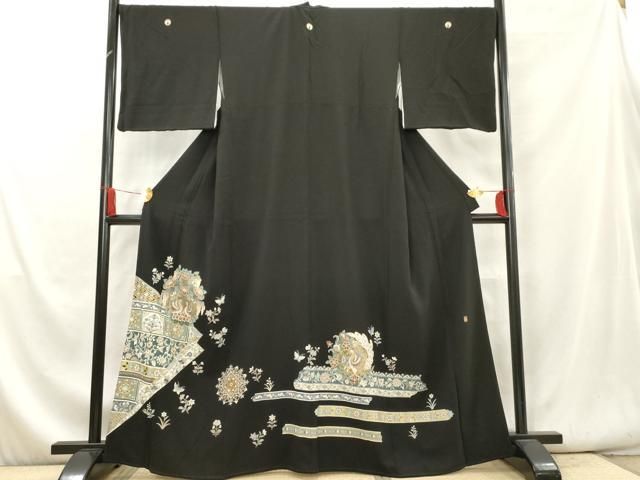 平和屋着物□豪華黒留袖 作家物 双鳥孔雀更紗花文 金彩 正絹