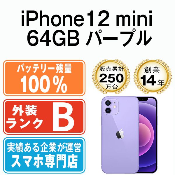 バッテリー100% 【中古】 iPhone12 mini 64GB パープル SIMフリー 本体 スマホ iPhone 12 mini アイフォン  アップル apple 【送料無料】 ip12mmtm1264a - メルカリ