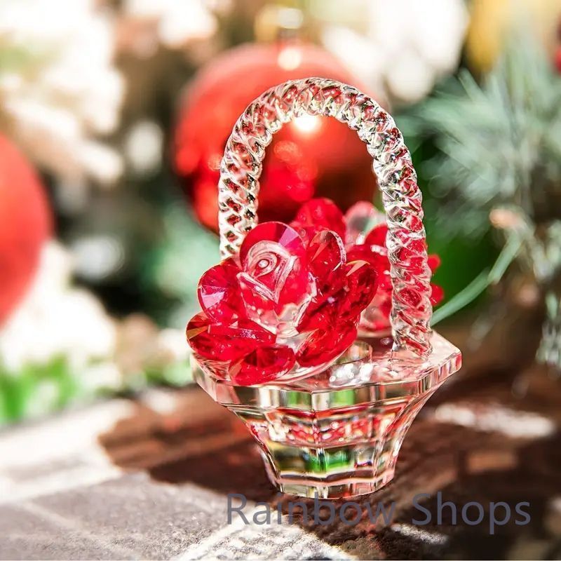 [美品]クリスタルガラス バスケット型装飾品 クリスタルバラガラス 置物 オーナメント クリスタル 花