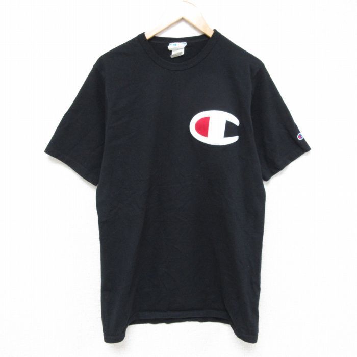 M/古着 チャンピオン Champion 半袖 ブランド Tシャツ メンズ ビッグロゴ コットン クルーネック 黒 ブラック 24jun19 中古