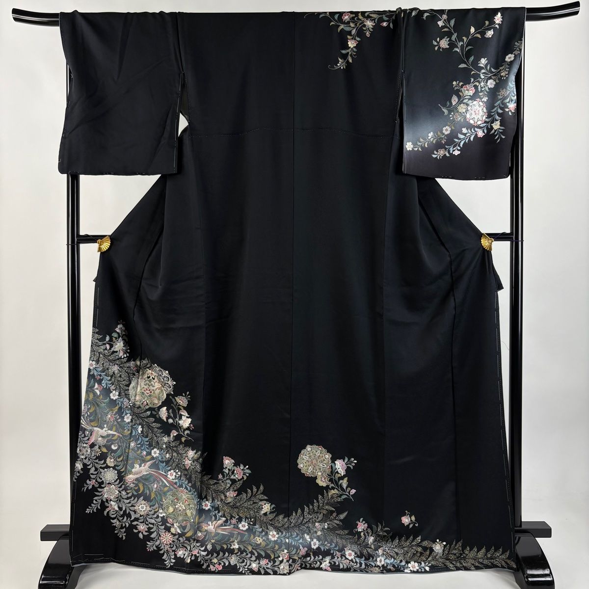 訪問着 身丈169cm 裄丈70cm L 袷 向かい鳥 草花 金銀彩 黒 正絹 秀品