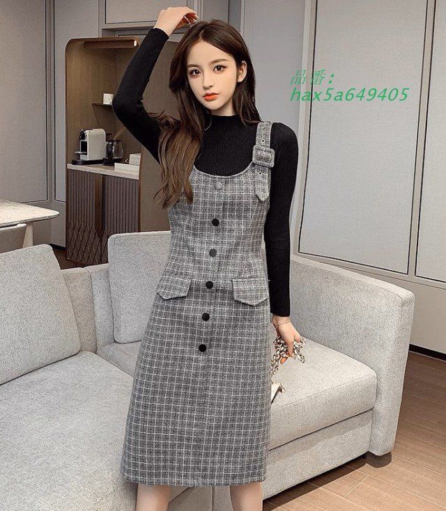 チェック柄 ジャンパースカート 秋冬 Iライン ワンピース レディース 冬 韓国 3L レトロ 前ボタン 大人ガー秋 レディース 膝丈 大きいサイズ ファッション hax5a649405