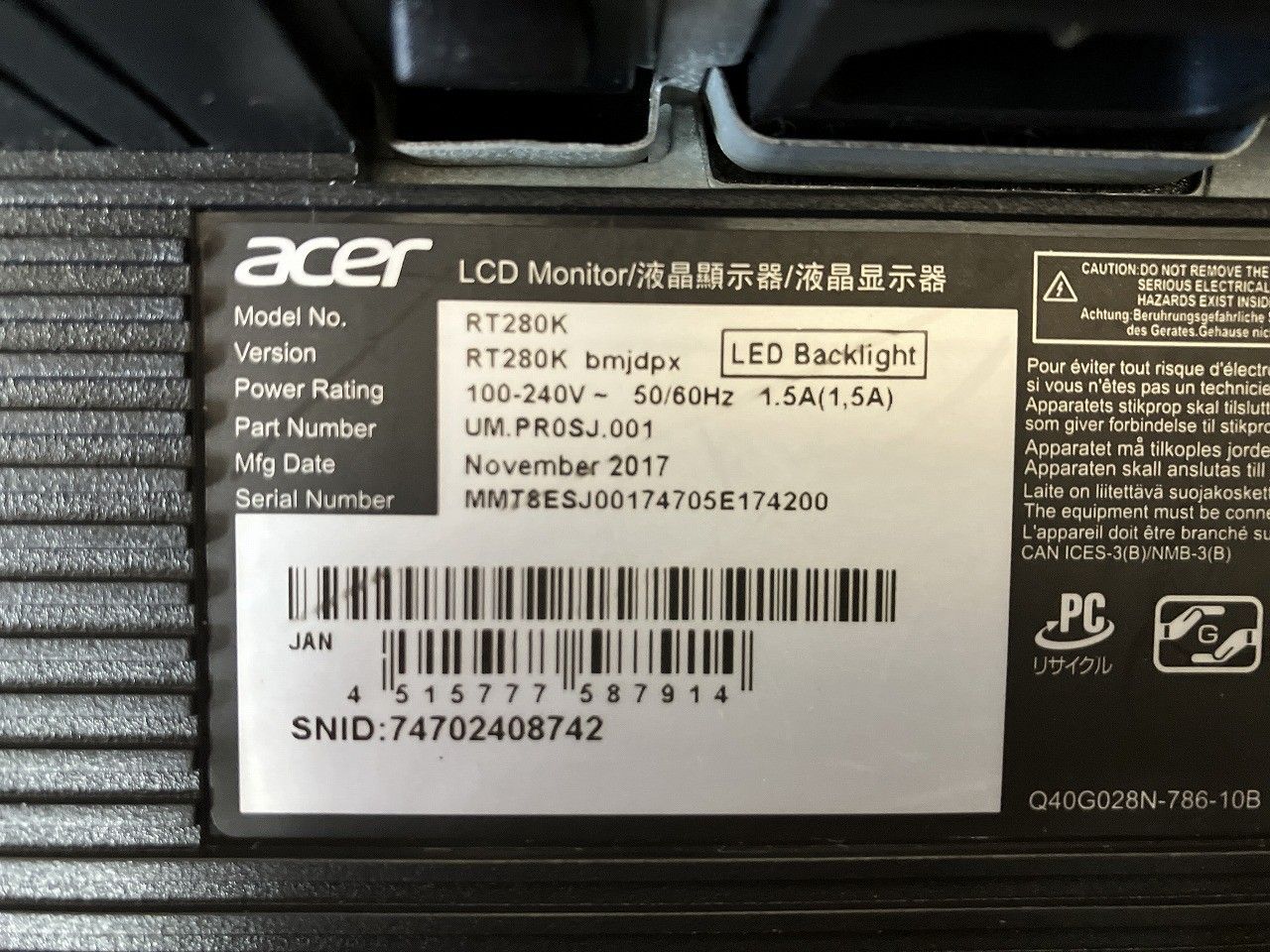 Acer エイサー 4 K モニター ディスプレイ RT 280 Kbmjdpx 28インチ ブラック