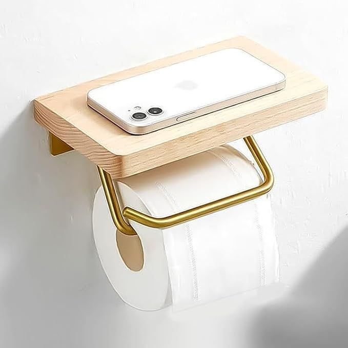 【在庫処分】lanzoub トイレットペーパーホルダー 木製 棚付き スマホ置き インテリア 紙巻器 壁掛け 小物置き トイレペーパーホルダー 木u0026太空アルミ アンティーク調 おしゃれ ペーパーホ