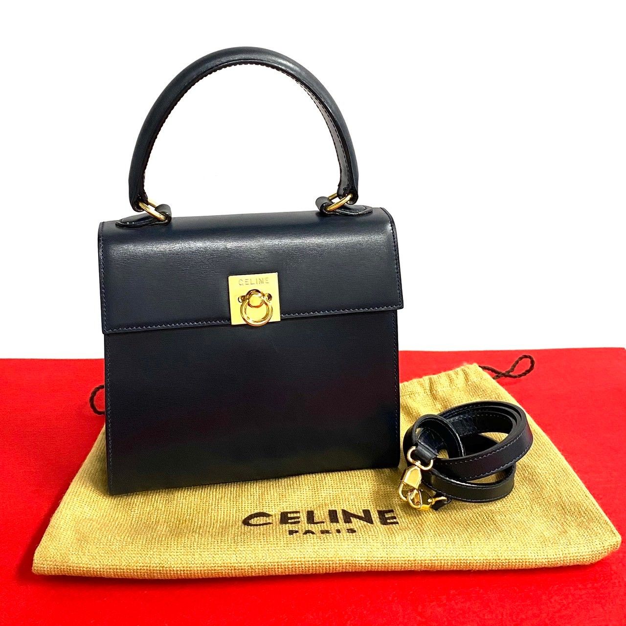 極 美品 袋付き CELINE セリーヌ ヴィンテージ ガンチーニ 金具 レザー 本革 2way ハンドバッグ ショルダーバッグ ネイビー 紺  25045 - メルカリ