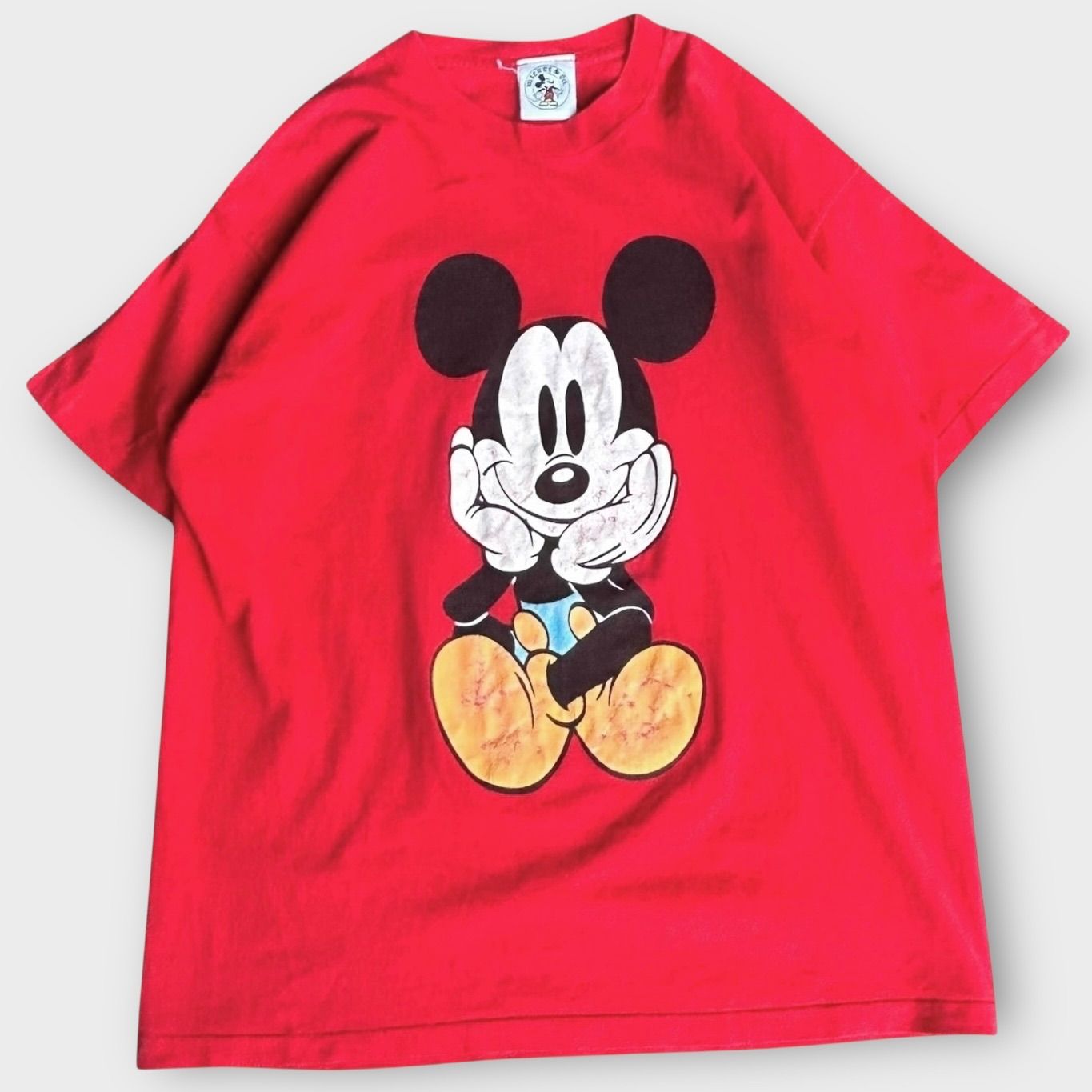 希少90s当時物ビィンテージ　ダンシングドールミッキー　青リボン上下赤い服 古着 90s USA製 Disney 青パン おすわり ミッキー 両面 BIG