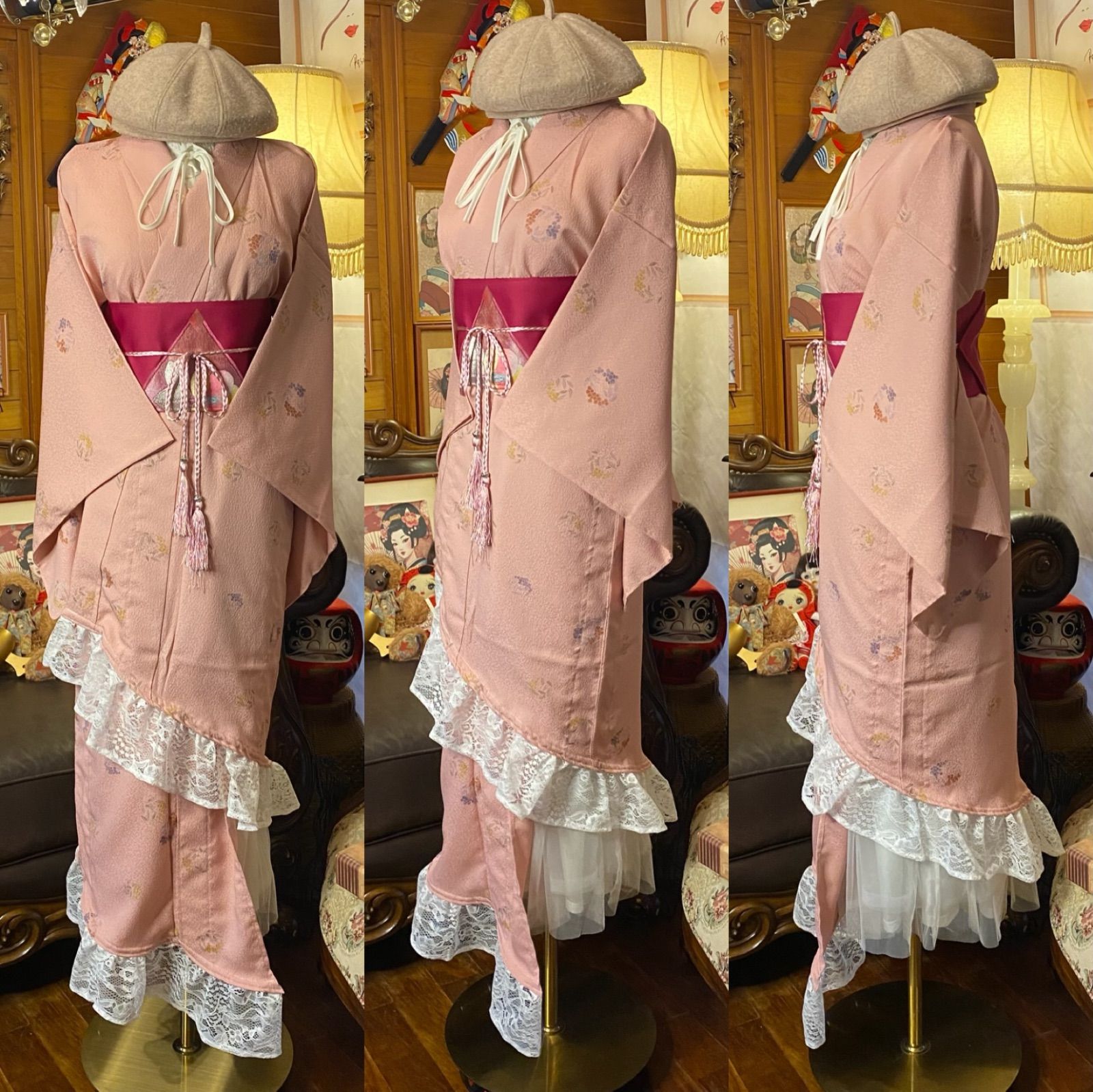 単衣着物 2way アシンメトリー ガウン 羽織り ドレス ワンピース ハンドメイド 和洋折衷 洗える 化繊 リメイク 名古屋帯サッシュベルト レトロ 古着 さくら糖ピンクに木の実のリース KD-72