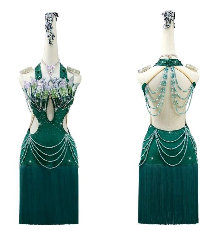 お得 M 社交ダンス衣装 ラテンワンピースドレス オーダーメイド可 社交ダンス衣装 ラテンワンピースドレス グリーン オーダーメイド 新品