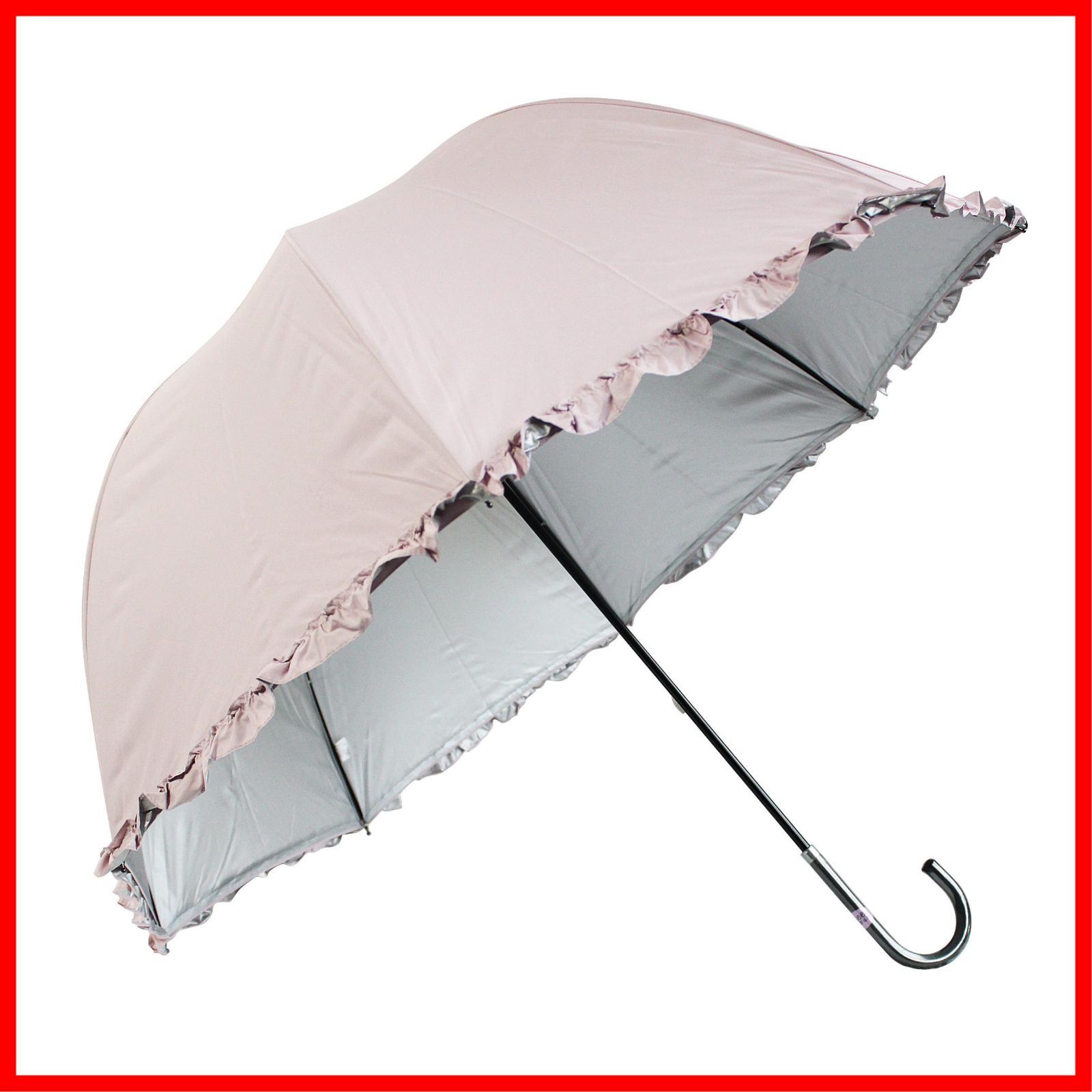 【数量限定】晴雨兼用 日傘 オカモト原宿店 フリル付 (遮光率99% / 生地裏シルバーコーティング) ピンク ドーム型 60cm (UVカット/遮光/遮熱) 長傘 手開き傘 軽量