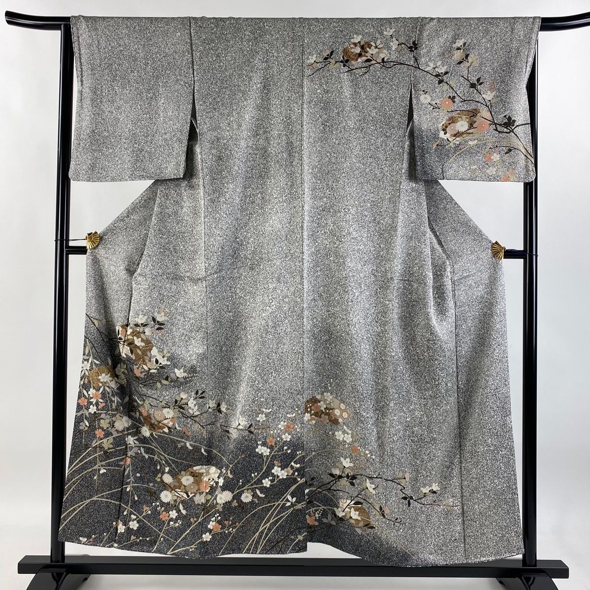 訪問着 身丈154.5cm 裄丈65cm M 袷 扇面 橘 金彩 ぼかし 黒灰 正絹 秀品