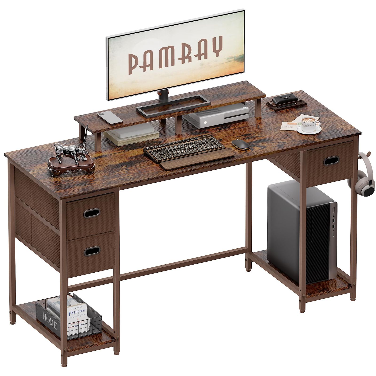引き出し付き 在宅ワークデスク 組立簡単 pcデスク 机 ラック付き モニター台付き パソコンデスク 勉強机 幅138cm×奥行50cm デスク ビンテージ PAMRAY
