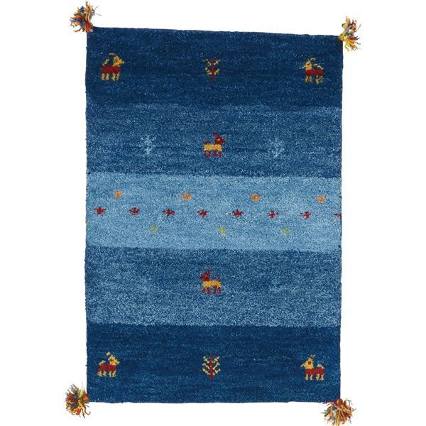 ギャッベ ラグマット/絨毯 【約70×120cm ブルー】 ウール100% 保温 ギャッベ ラグマット/絨毯 【約70×120cm ブルー】 ウール100% 保温